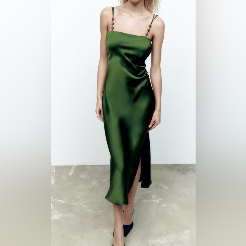 ZARA Midi Satin Camisole Green Dress with Rhinestones straps, Size Medium